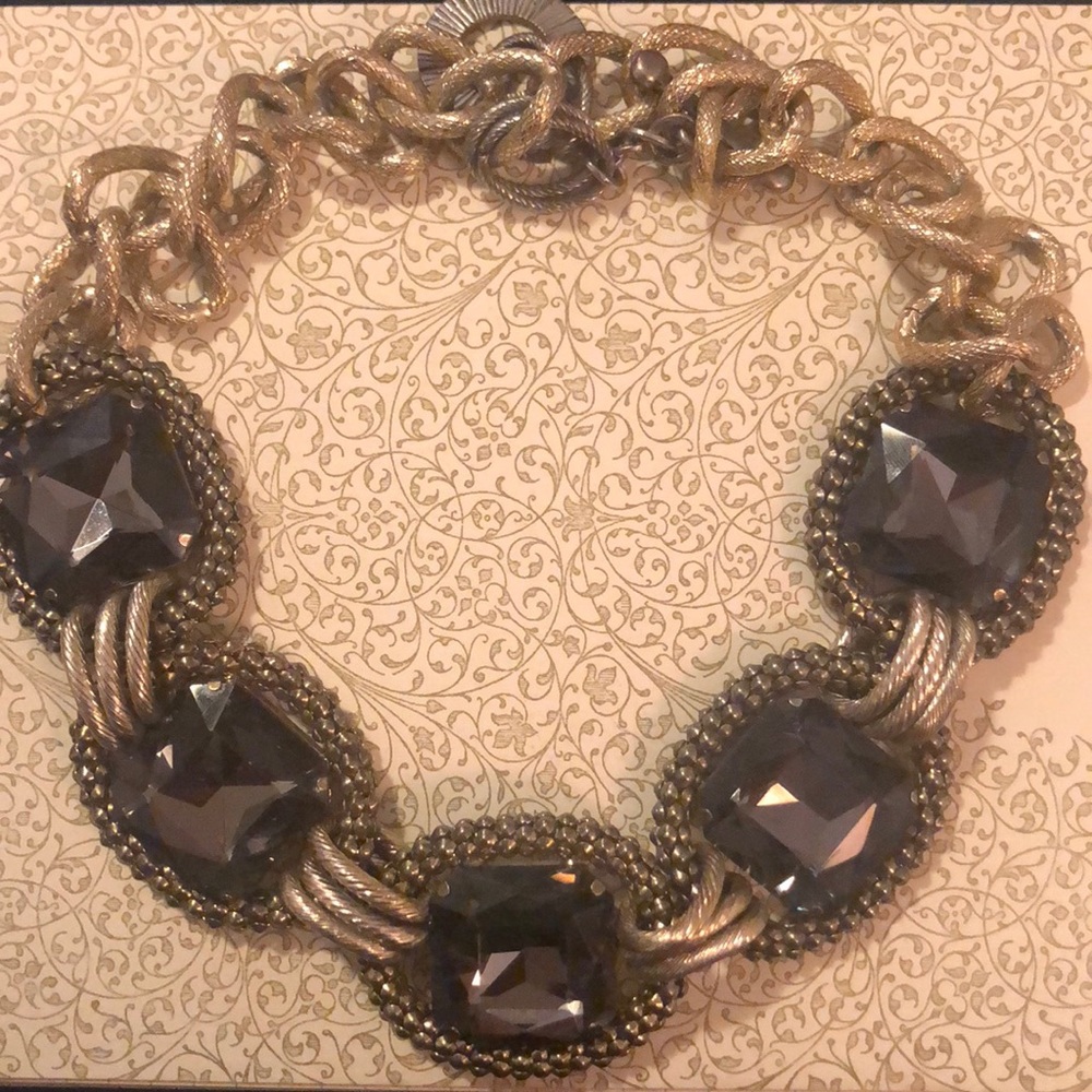 Fashion Necklace - Grey Crystal & Gold Chain